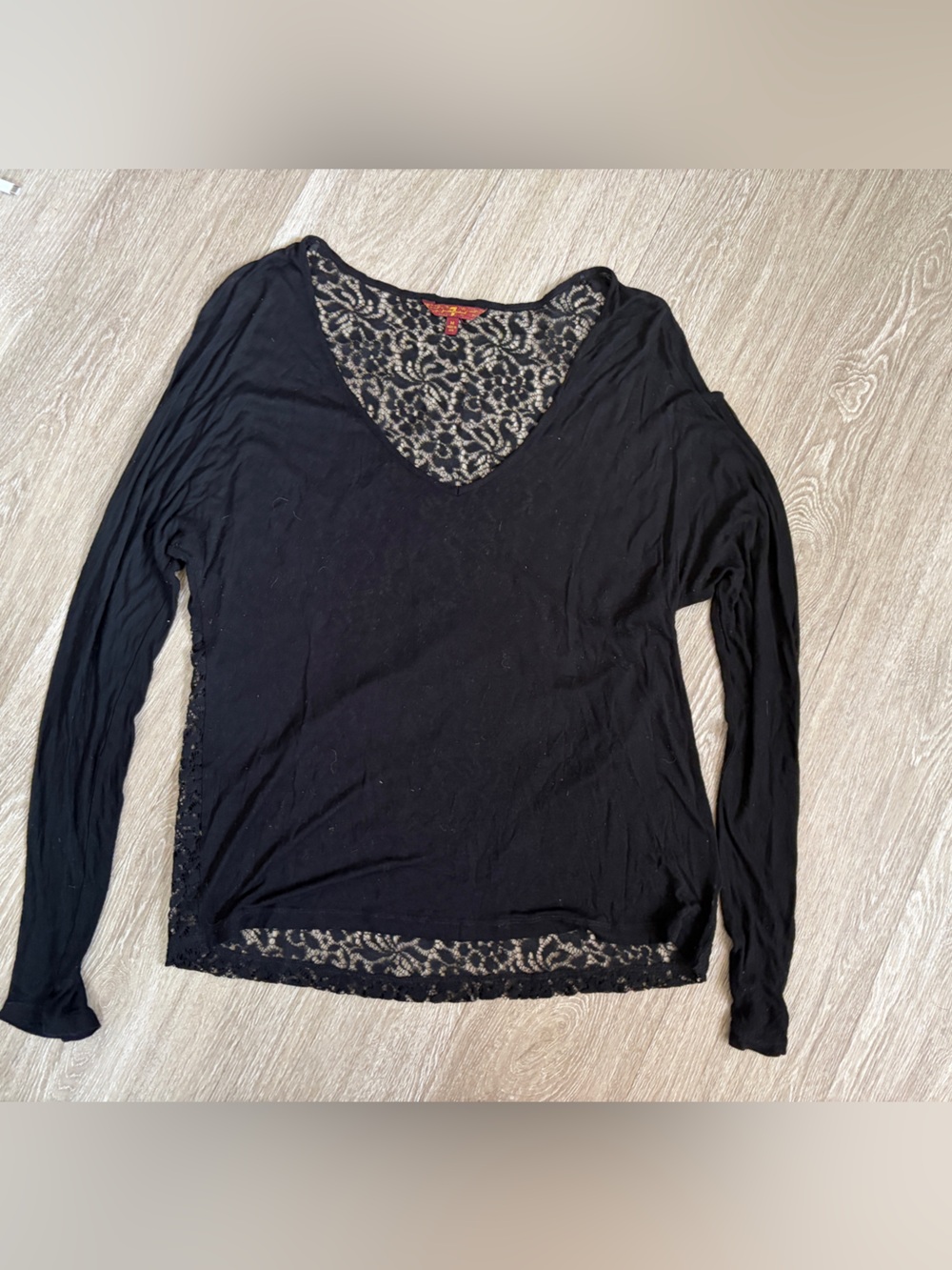 7 For All Mankind Black Long-Sleeve V-Neck Lace Trim Top